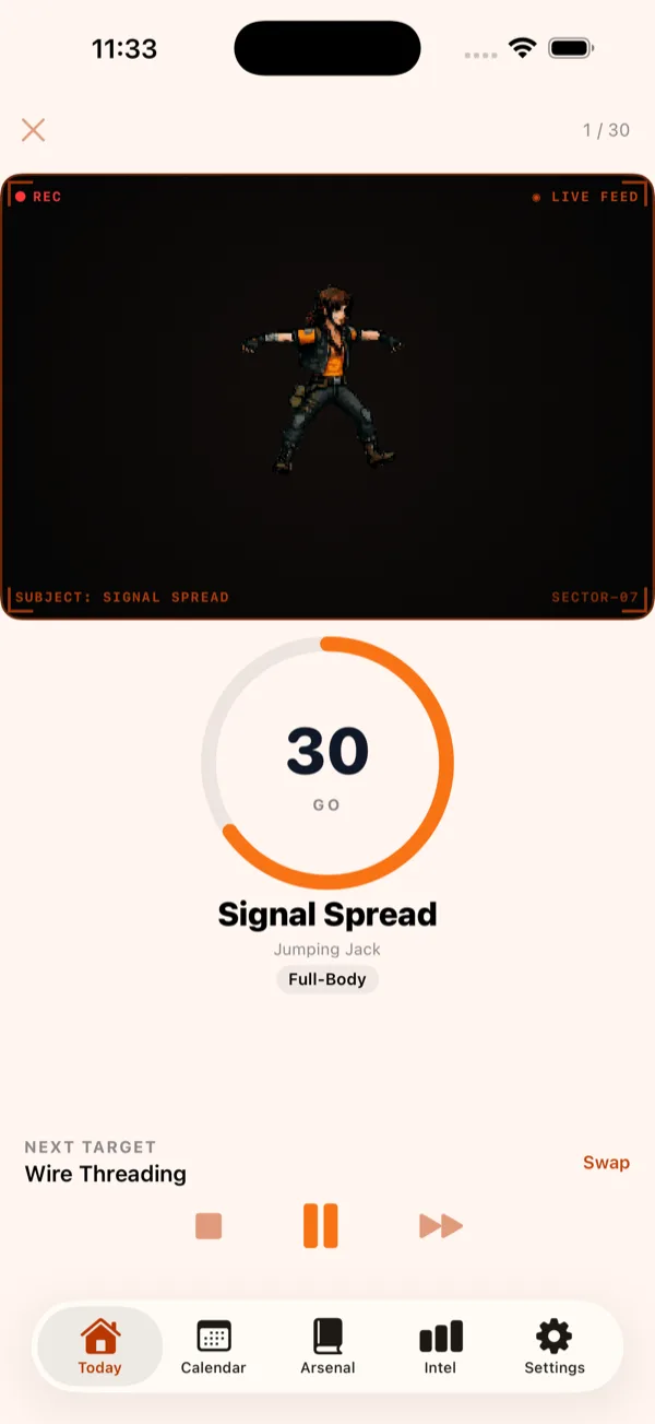 Forge90 workout player mid-exercise